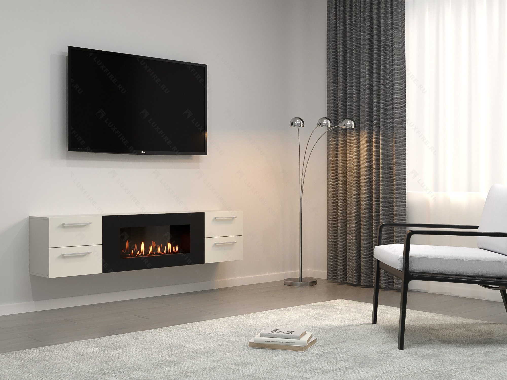 Тумба ТВ Lux Fire "Нева" настенная 1400 матовая, белая, с биокамином 600 по цене 83 409 руб.